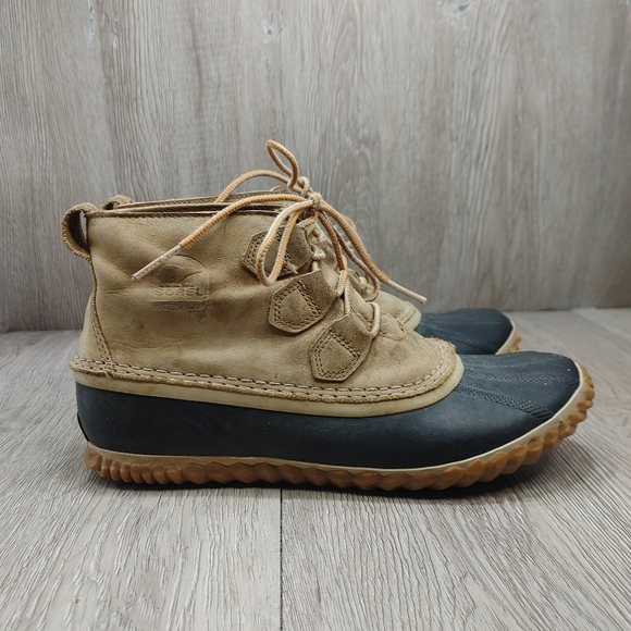 Sorel Out N‎ About Leather Snow Boot Ankle Duck Bootie Tan Black NL2133 Rain 9 - Picture 2 of 11